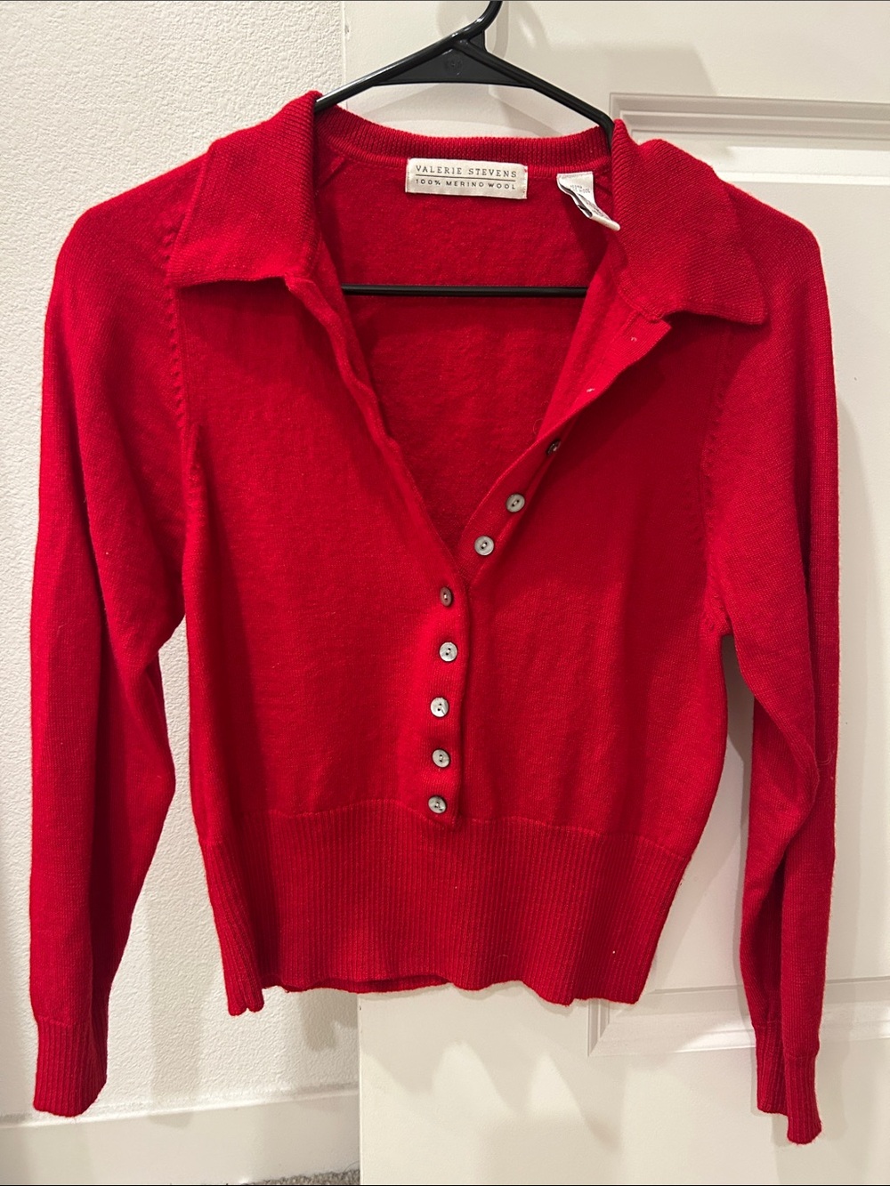 Vintage Valerie Stevens Bright Red V-Neck Button-Front Polo Sweater